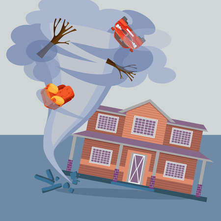 Tornado twisted cottage house, trees, car and pieces of furniture.のイラスト素材