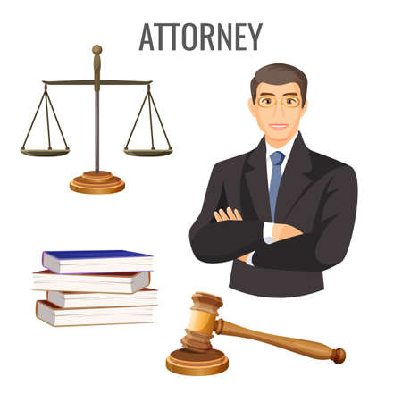 Attorney in glasses near scales, four books and judge gavelのイラスト素材