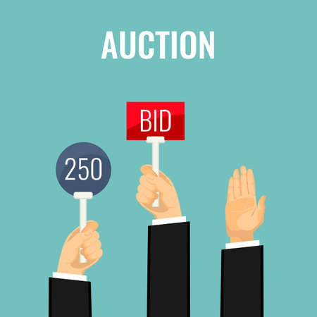 Auction with hands holding paddles number and BID inscriptions vectorのイラスト素材