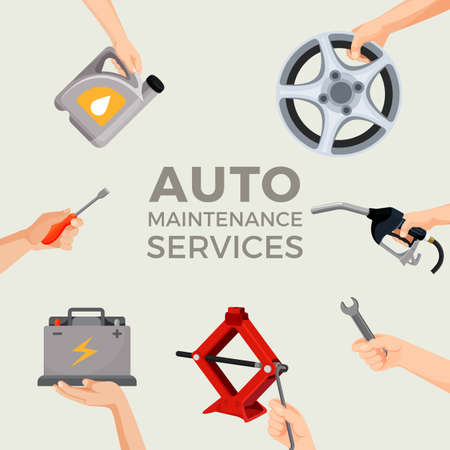 Auto maintenance services set with green car in picture centreのイラスト素材