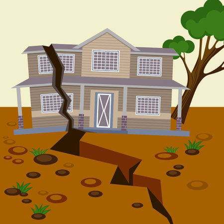 Earthquake damaged house and ground splitted in two partsのイラスト素材