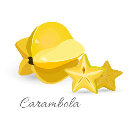Carambola exotic fruit realistic vector illustration. Slices of starfruitのイラスト素材