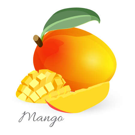 Exotic mango tropical fruit with green leaf sliced and wholeのイラスト素材