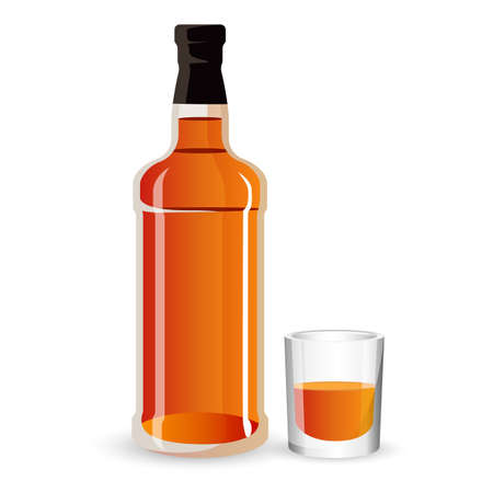 Bottle of alcohol drink and stemware. Whisky, scotch or cognaの写真素材
