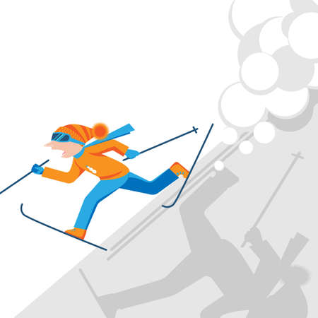 Man escaping from snow avalanche in mountains. Snowslide or snowslipの写真素材