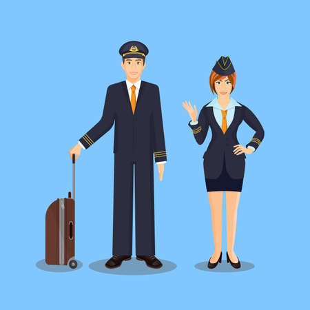 Pilot with brown suitcase and stewardess waving handのイラスト素材