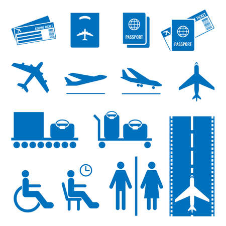 Airline colourless signs set isolated on white. Passports and tickets, airplane flying, landing and taking off, baggage on special equipments, aircraft on runway, people with disabilities signsのイラスト素材