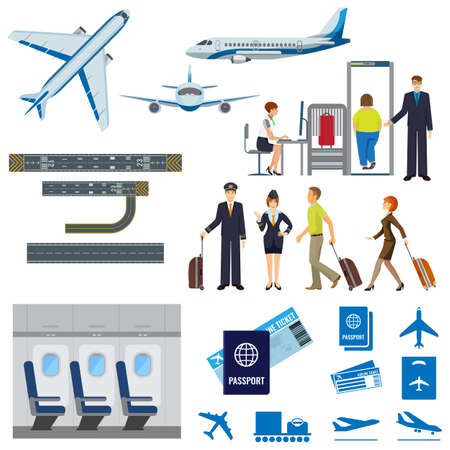 Vector flying passenger aircrafts, plane, check-in, pilot and stewardessのイラスト素材