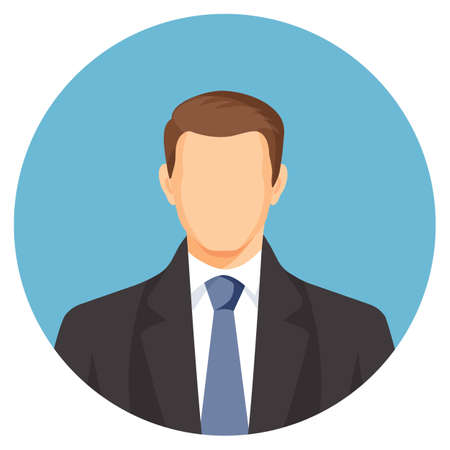 Faceless businessman avatar. Man in suit with blue tie. Human profile userpic without face features. Web picture of gentlemen in round buttonのイラスト素材