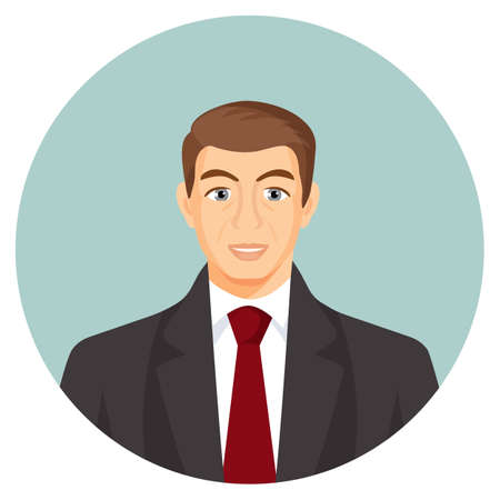 Businessman avatar. Man in suit with blue tie. Human profile userpic with face features. Web picture of gentlemen in round button. Chife or boss avatarのイラスト素材