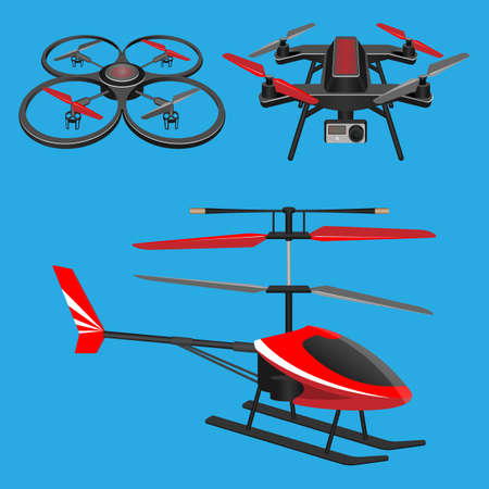 Red helicopter, dark quadrocopters with and without video camera toysのイラスト素材