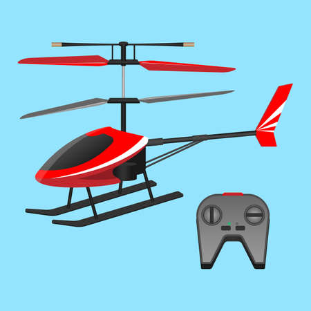 . Red helicopter plaything and black small control panel with buttons.のイラスト素材