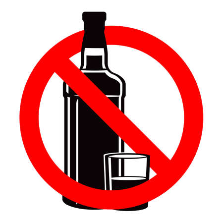 Bottle of alcohol drink and stemware in no allowed signのイラスト素材