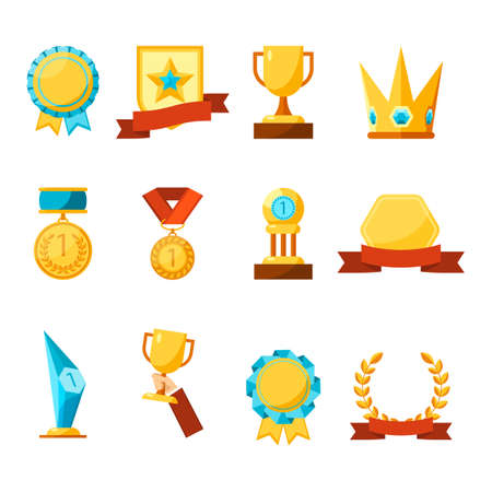 Hanging medals, glass awards, gold cups and crowns collectionのイラスト素材