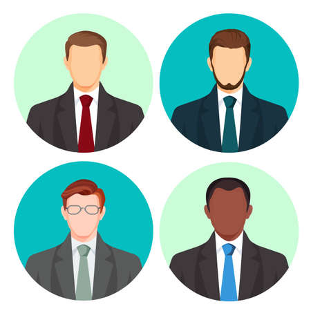 Businessman avatar four pictures vector set on white. Male people with light and dark skin, with moustache and glasses, in business costumes with red, green, blue or grey ties on round backgroundsのイラスト素材