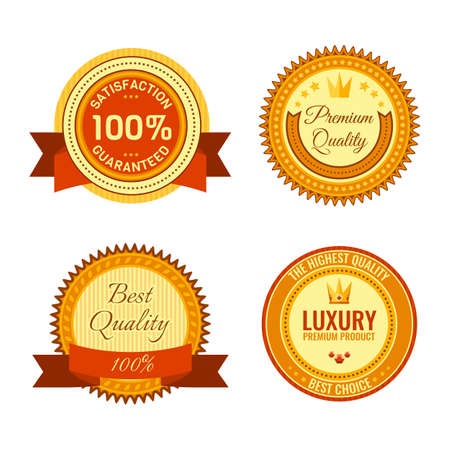 Golden round reward seals collection with inscriptions. Metal badges with writings inside satisfaction 100 percent guaranteed, premium quality, best quality, luxury premium quality and best choice.のイラスト素材