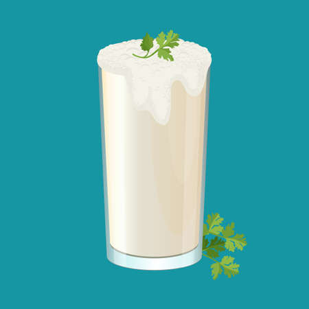 Glass of ayran with dill and parsley herbs isolated on white.のイラスト素材