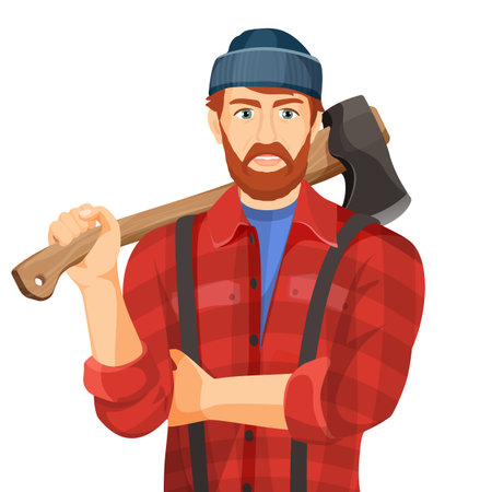 Axeman with wooden axe isolated on white background. Lumbermanのイラスト素材