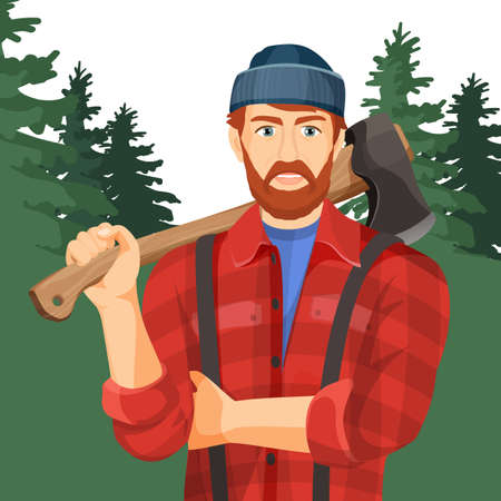 Axeman with axe in forest. Lumberman with element for woodworkingのイラスト素材