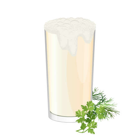 Glass of ayran with dill and parsley herbs isolated on white.のイラスト素材