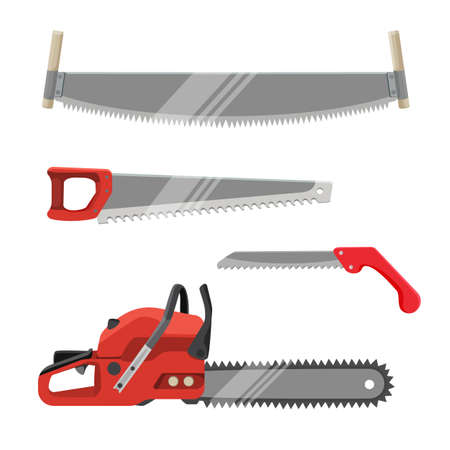 Axeman instruments set. Hand saws carpentry tools for sawing productsのイラスト素材