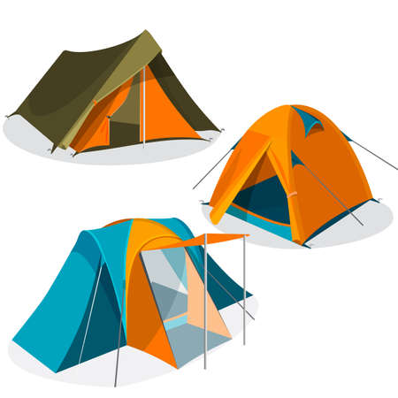 Awning tourist camping tents icons collection. Hiking pavilions vector illustrationのイラスト素材