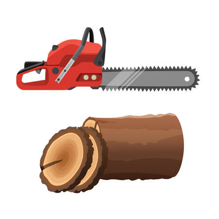Axeman saw and stump isolated on white background. Gas chainsawのイラスト素材