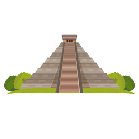 Aztec pyramid with green bushes at base isolated on white. Realistic vectorのイラスト素材