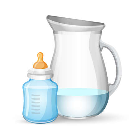 Baby milk bottle and jug with liquid on whiteのイラスト素材