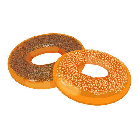 Two bagels with poppy and sesame seeds flat design on whiteのイラスト素材