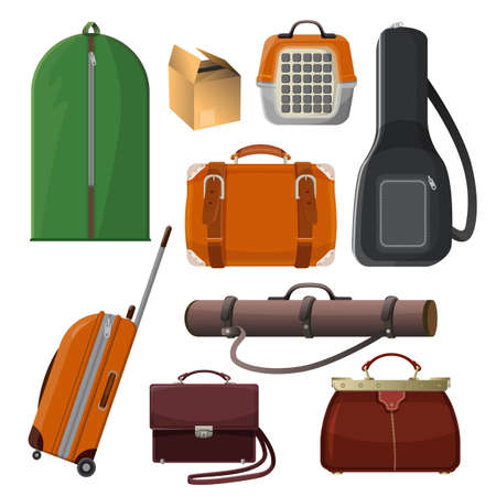 Luggage with handle, animal cage, leather purse, tube for documentsのイラスト素材