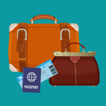 Leather luggage case, carryon bag near travelling tickets and passportsのイラスト素材