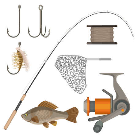 Images of two hooks, bobbin, landing net, spinning reel, fish-rodのイラスト素材