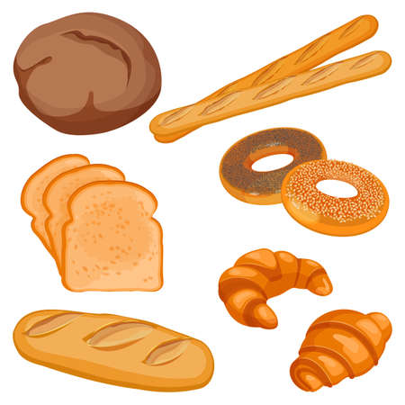 A Vector of brown tommy, sliced bread, long loaf, baguettes, bunsのイラスト素材