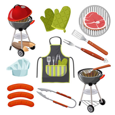 Grill, mittens, fresh meat on grid, sausages, shovel, forkのイラスト素材