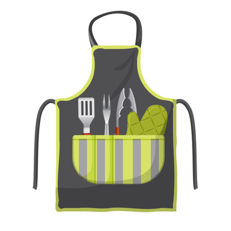 Black apron with various accessories in pocket for grill isolatedのイラスト素材