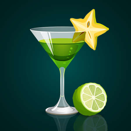 Green cocktail with lime part below on dark backgroundのイラスト素材