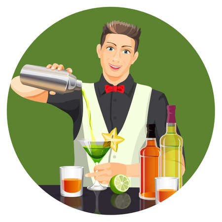 Male bartender making cocktail vector flat realistic pictureのイラスト素材