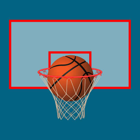 Realistic leather playing ball in basketball hoop on backboard.のイラスト素材