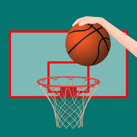 Hand throwing ball in basketball hoop colorful pictureのイラスト素材