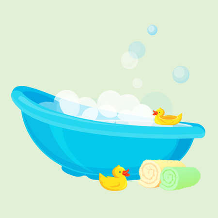 Bathtub for child full of bubbles and with duck toysのイラスト素材