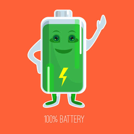 Cute full charged battery cartoon character with hands and faceのイラスト素材