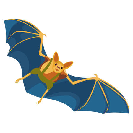 Yellow bat with blue wings hand drawn on white backgroundのイラスト素材