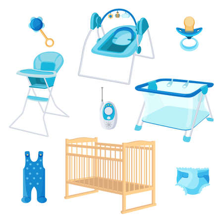 Bedroom furniture for newborn boy on white backgroundのイラスト素材