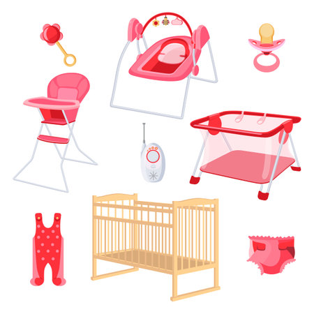 Bedroom furniture for newborn girl on white background.のイラスト素材