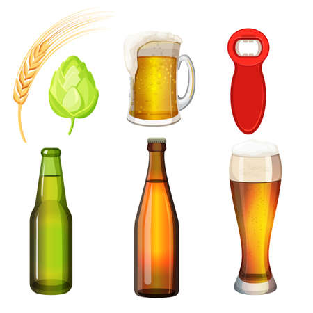 Barley grains, malt, bottle opener, flasks, tumblers with glass handle.のイラスト素材