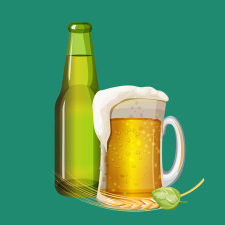 Green beer bottle and frothy drink in glass mugのイラスト素材