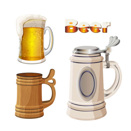 Glass beer cup with foam, ancient bavarian and wooden mugのイラスト素材