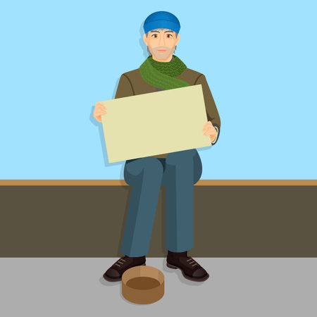 Beggar in casual cloth with empty billboards begging on bench,のイラスト素材