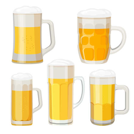 Collection of beer mugs with handles isolated on white.のイラスト素材